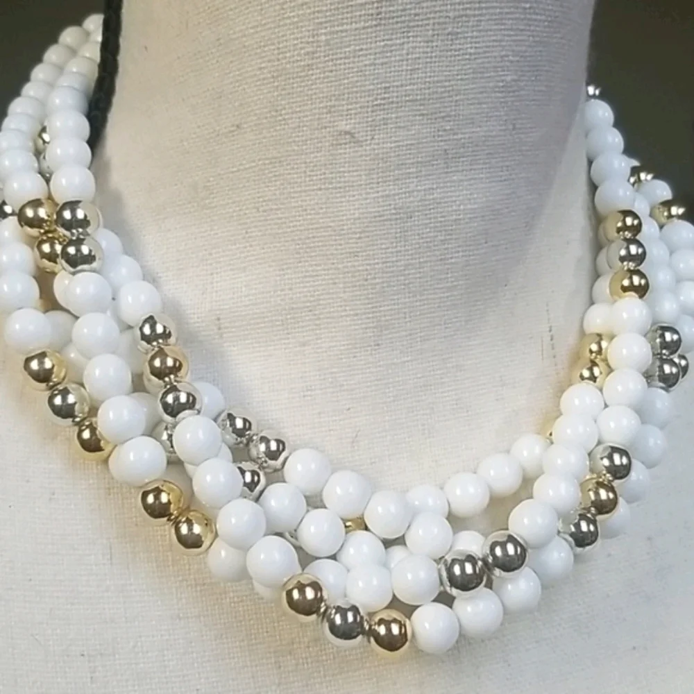 Vintage 1950s Mid Century Choker Beaded Gold & Silver Tone Multi-Strand Necklace - Picture 6 of 15